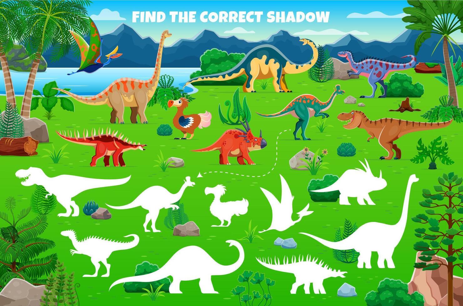 Kids game worksheet, find the correct dino shadow vector