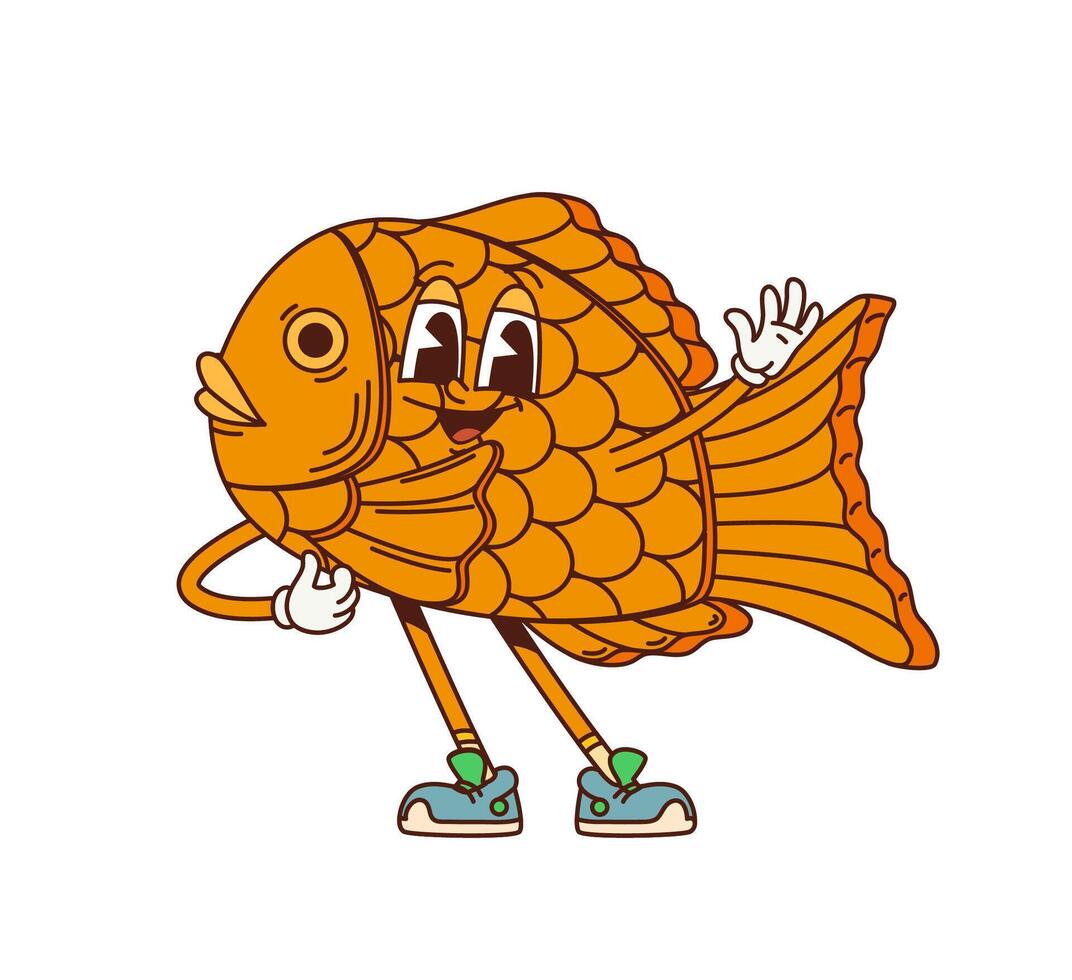 Cartoon retro groovy Japanese taiyaki characters vector