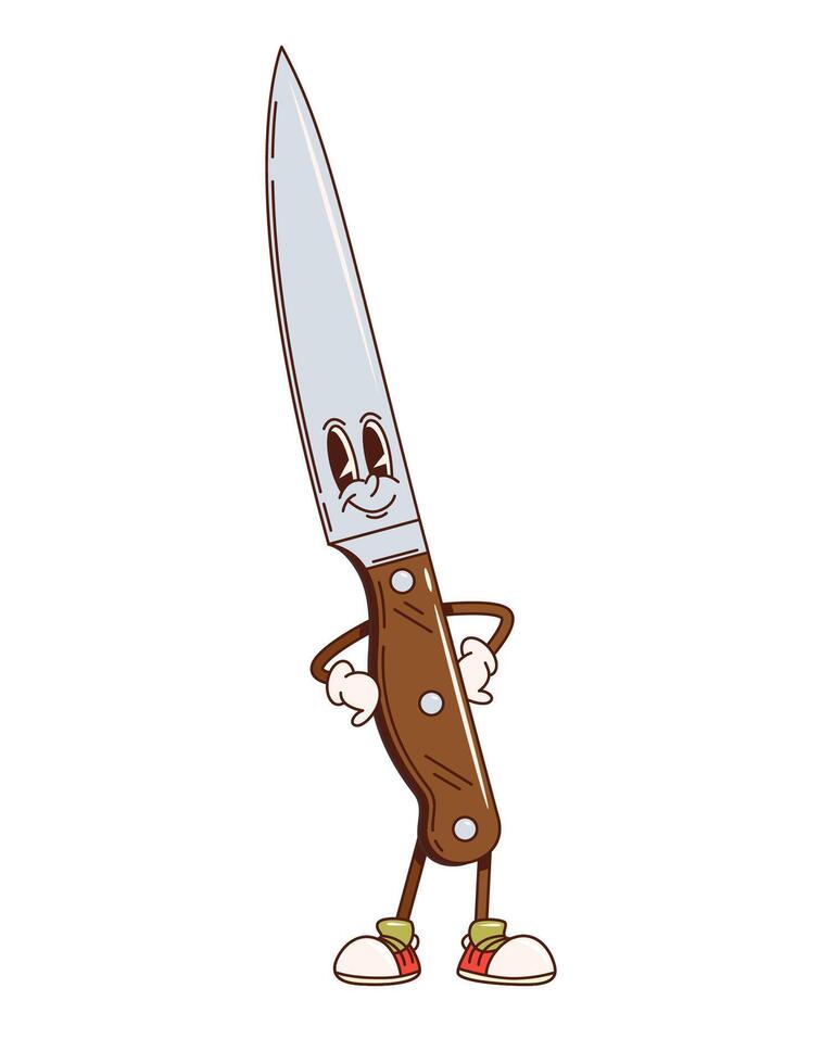 Knife retro groovy kitchenware, utensil character vector