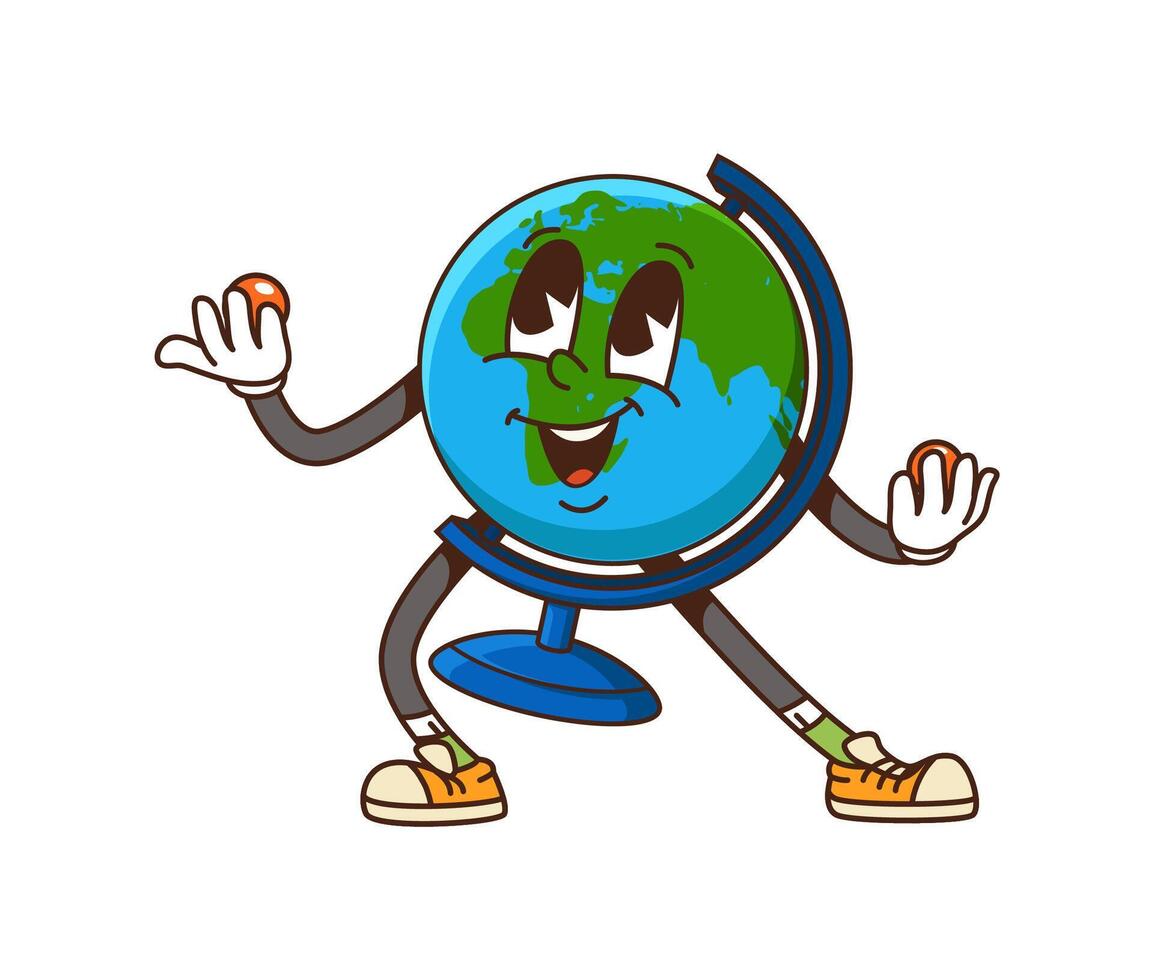 Cartoon groovy school globe character waving hand vector