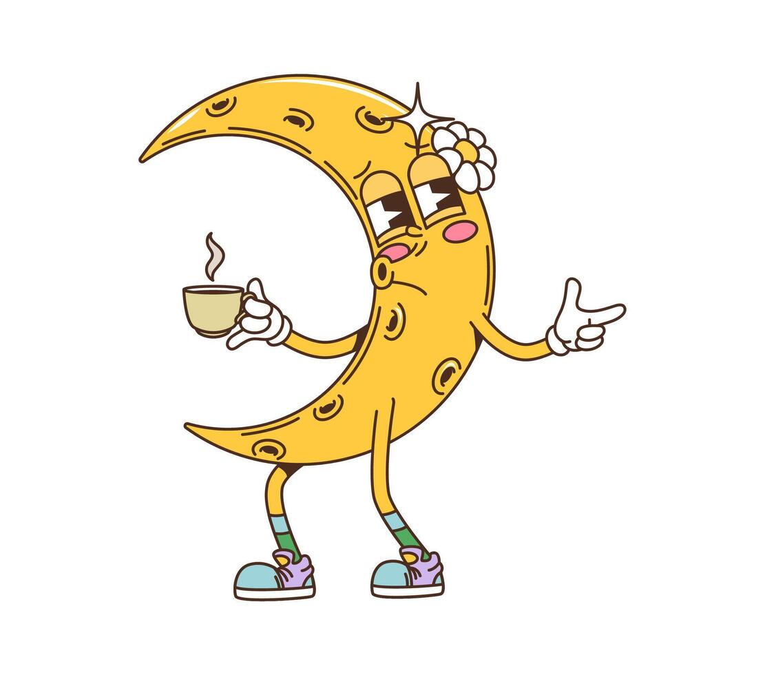 Cartoon groovy moon character, happy funky face vector