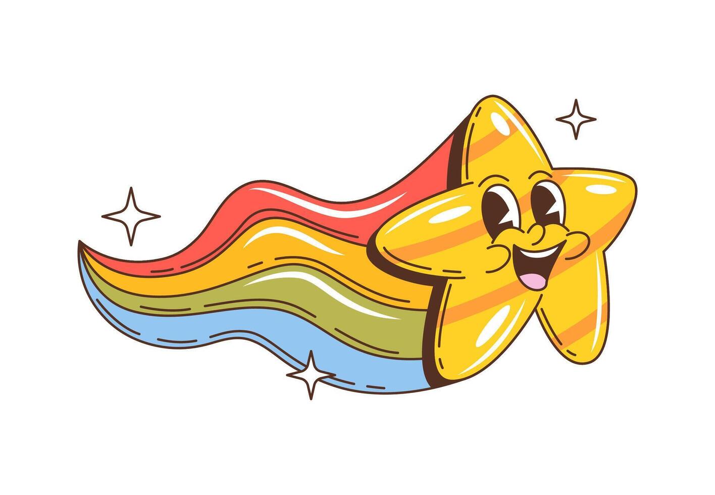 Retro groovy space star character with rainbow vector