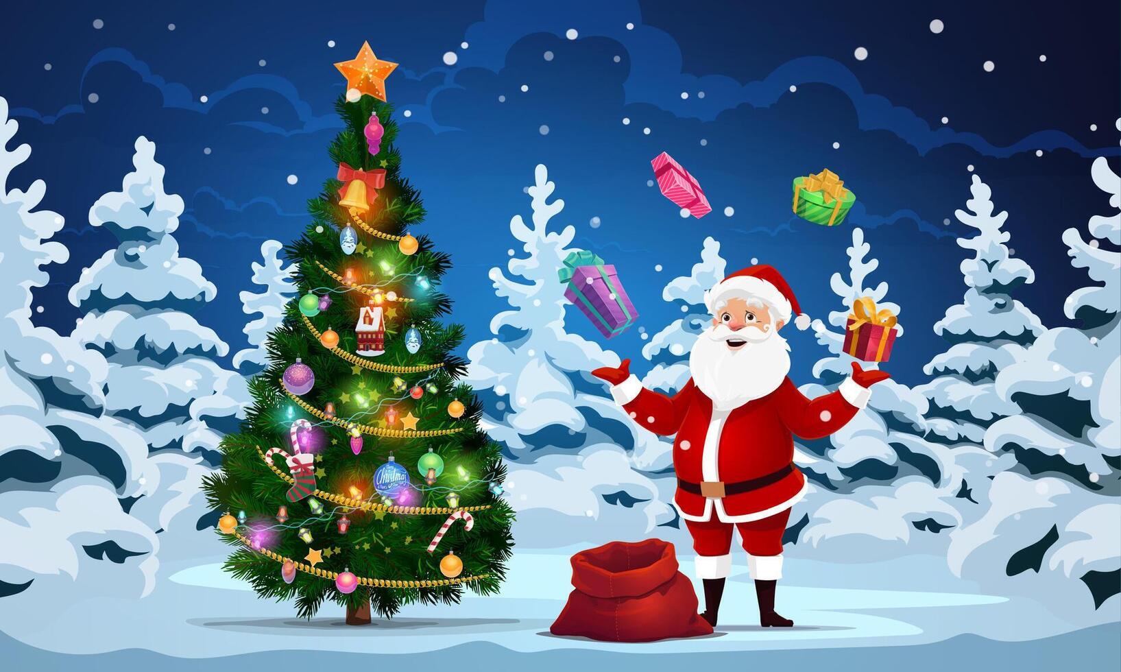 Santa juggles with gift boxes at Christmas tree vector