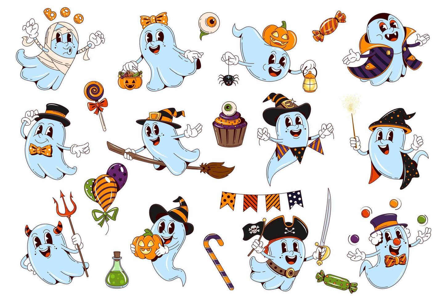 Cartoon retro groovy Halloween ghost characters vector