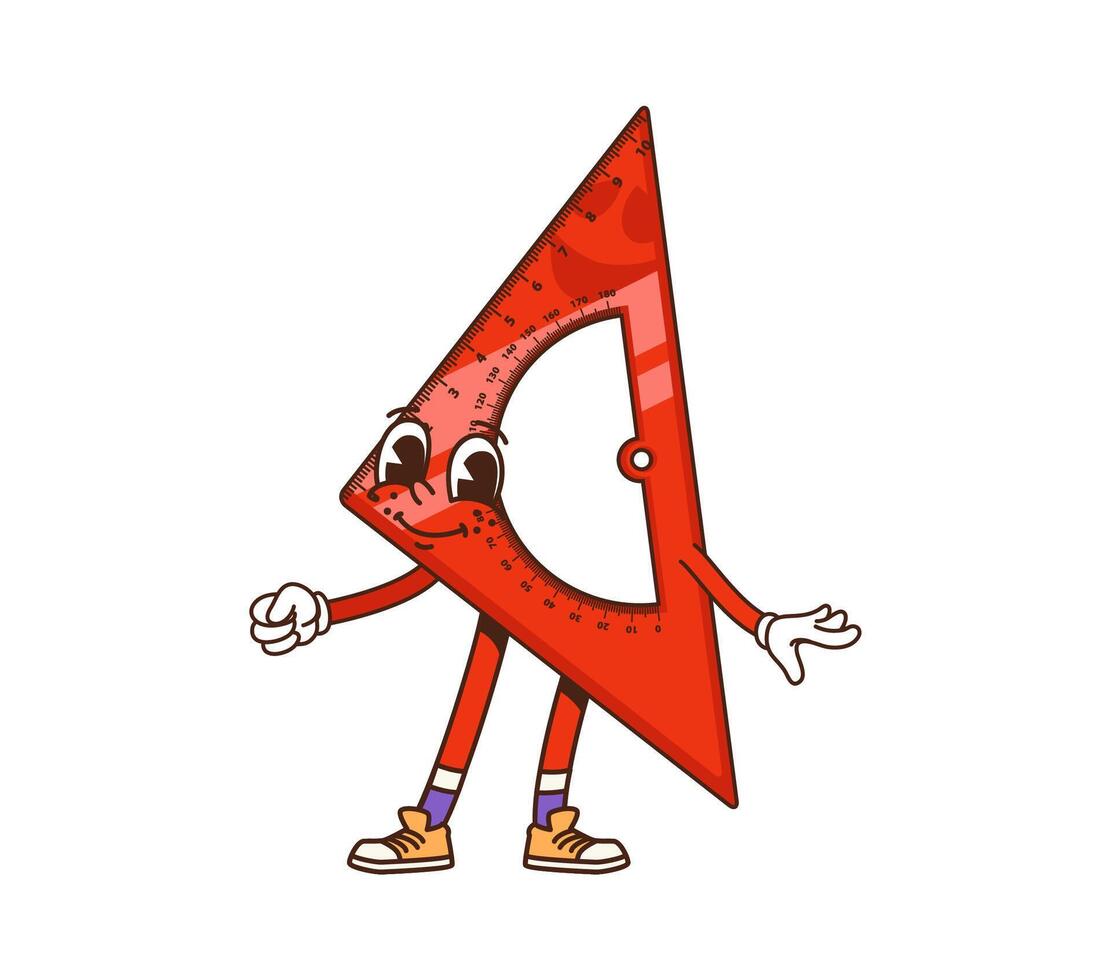 Cartoon groovy school ruler protractor character vector