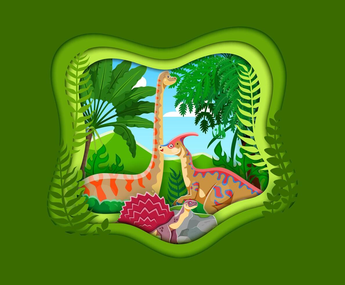 Paper cut landscape with prehistoric dinosaurs vector