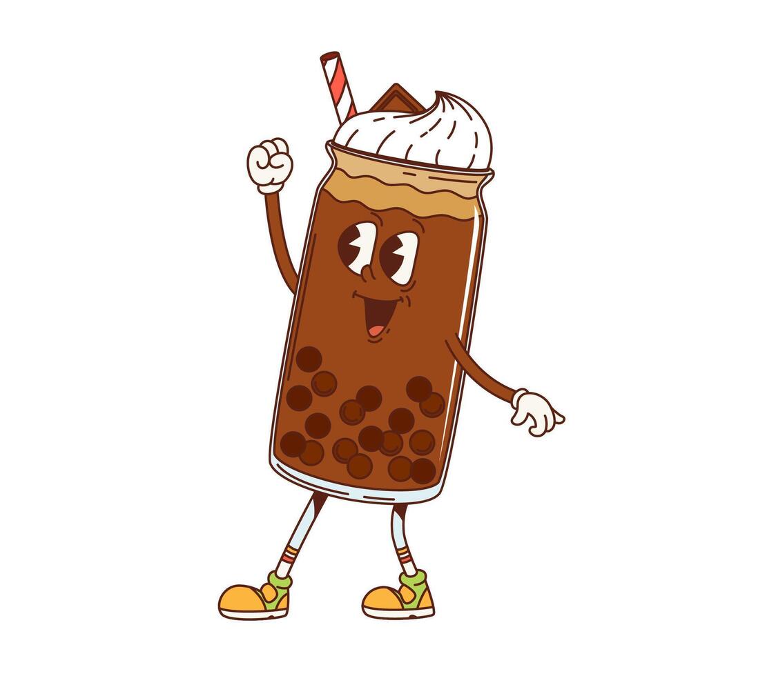 Groovy retro cartoon bubble tea drink character vector