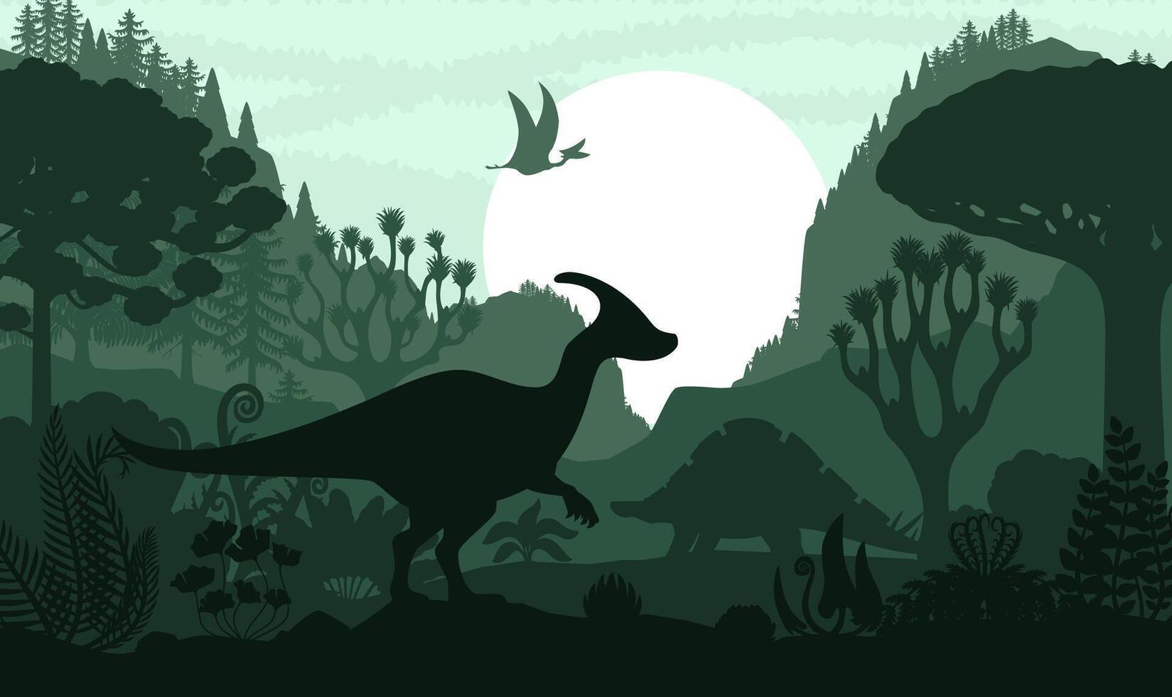 Prehistoric dinosaur silhouette in Jurassic forest vector