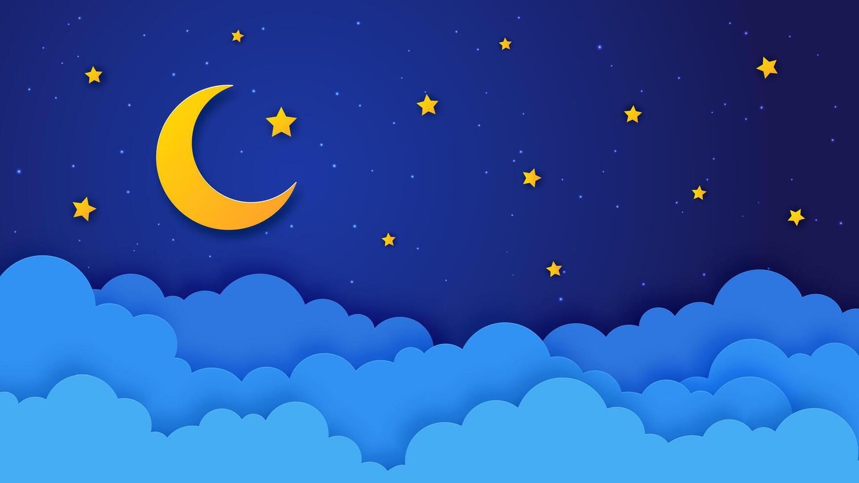 Paper cut crescent moon night sky background vector