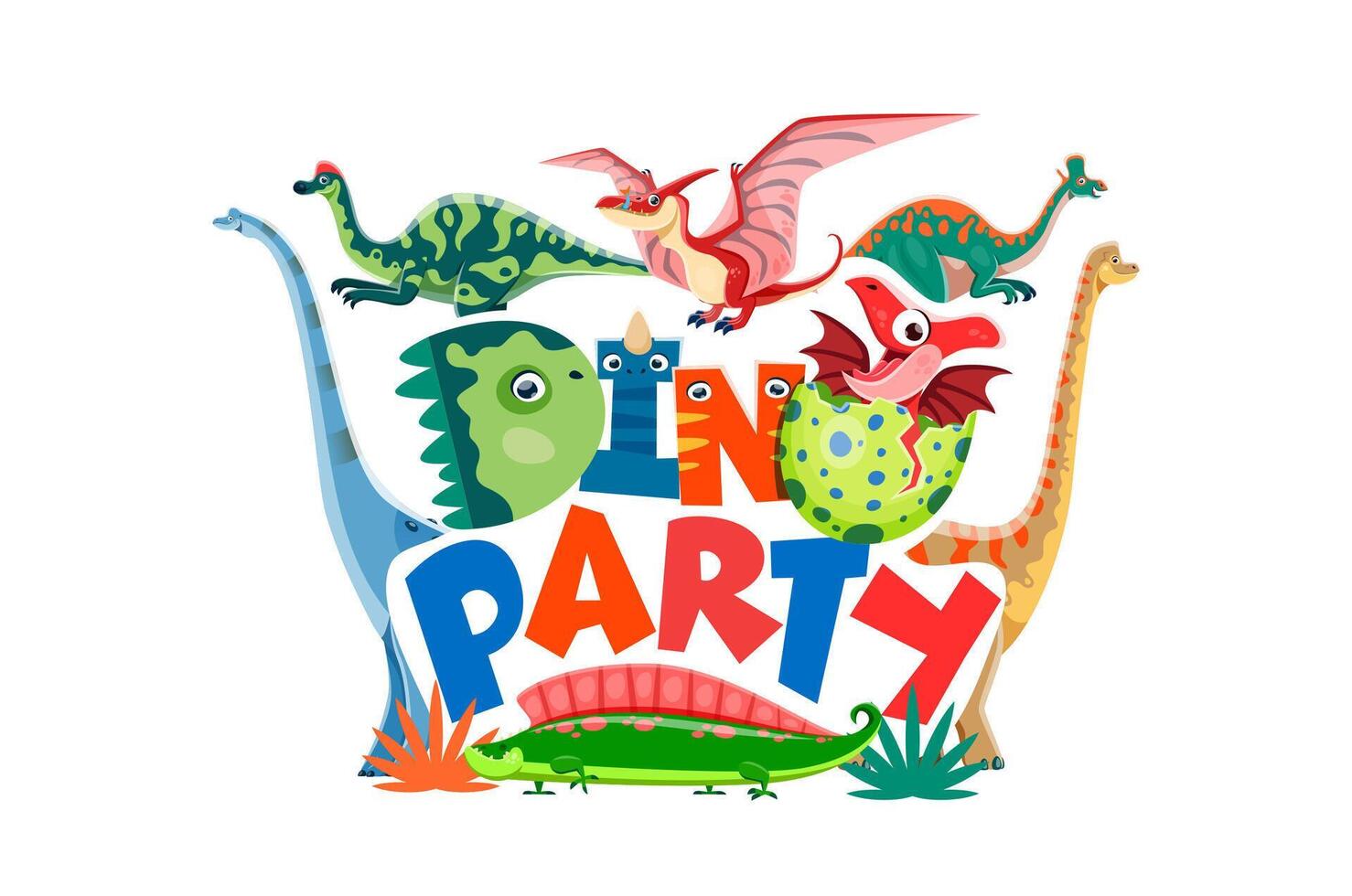 Kids birthday dino party invitation flyer, vector