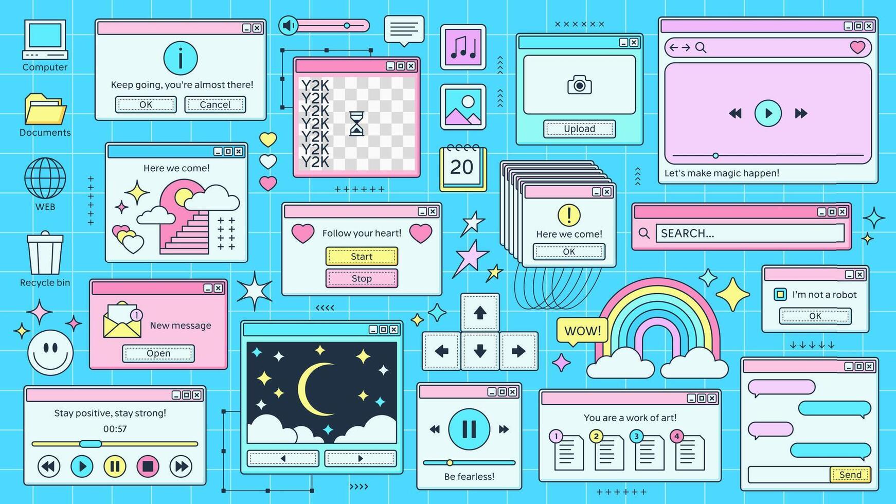 Y2K windows and retro browser pages of PC computer vector