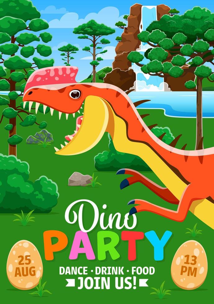 Kids party flyer with prehistoric cartoon dinosaur vector