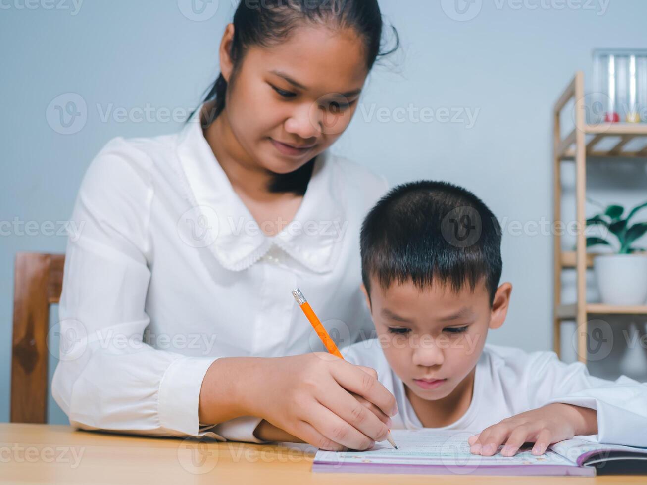 Female tutor helping little elementary school boy with homework during individual lesson at home, Teacher or mother helping boy writing lesson and learning to write, Education home school concept. photo