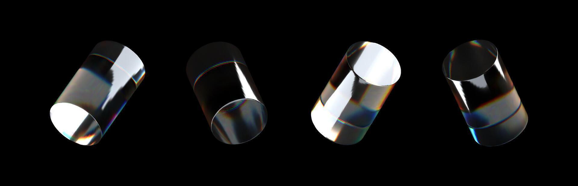 3D crystal glass cylinders with refractive and holographic effects, isolated on a dark background. Rendered transparent glass rotating cylinders with light dispersion overlay. vector