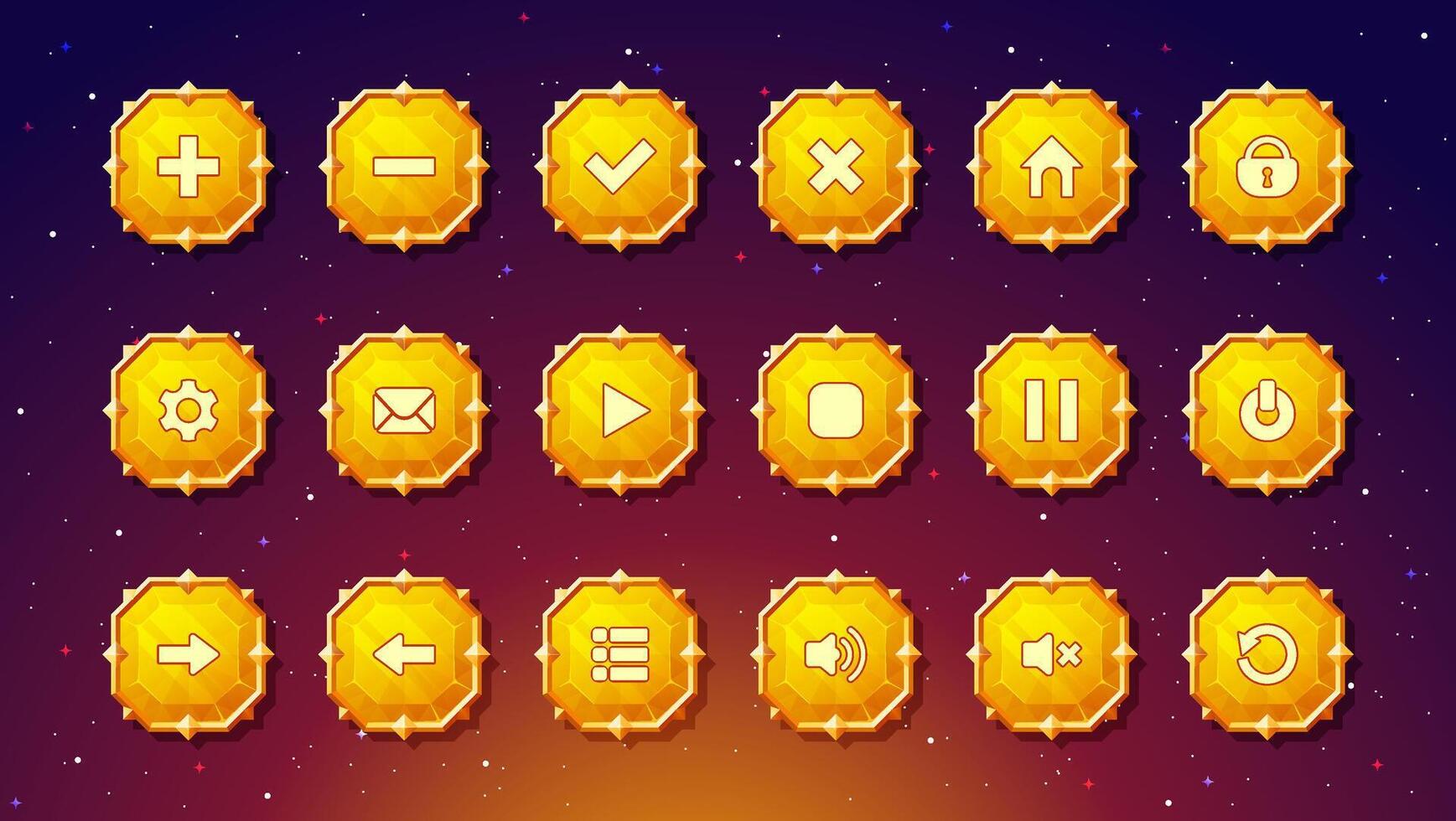 Yellow colored diamond shaped buttons intended for user interface design in games, media players, or web applications. vector