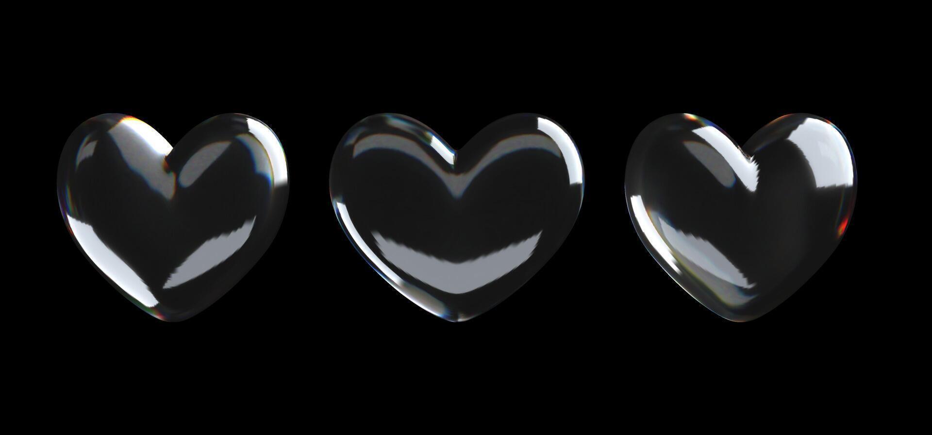 3D crystal glass heart with refractive and holographic effects, isolated on a dark background. Romantic glossy soapy heart. Valentine day symbol. vector