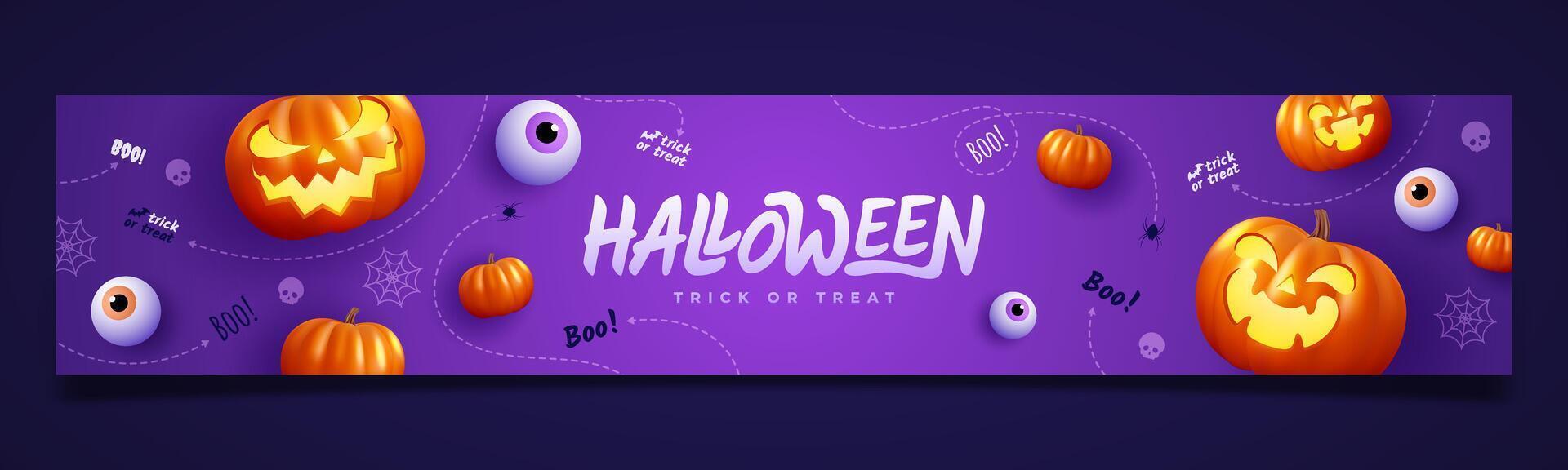 Spooky Halloween with flat holiday icons on purple background. Pumpkin with a scary expression and other scary elements. vector
