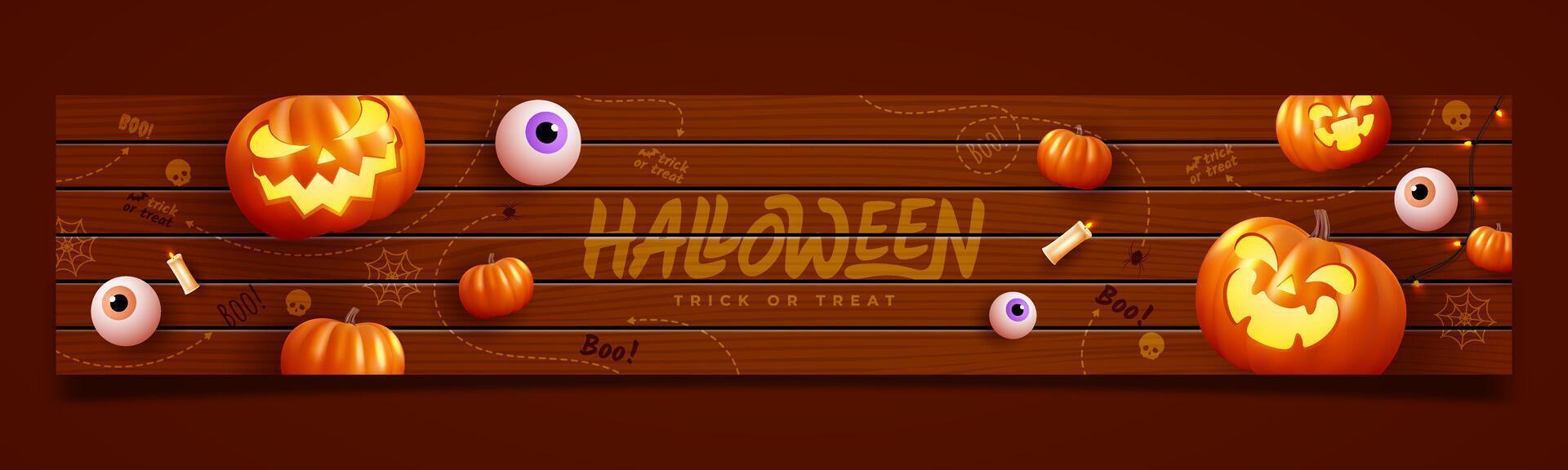 Spooky Halloween holiday flat icon on wooden plank background. Pumpkins with scary expressions, ghosts and other scary elements. Perfect imaginative banner for the web. vector