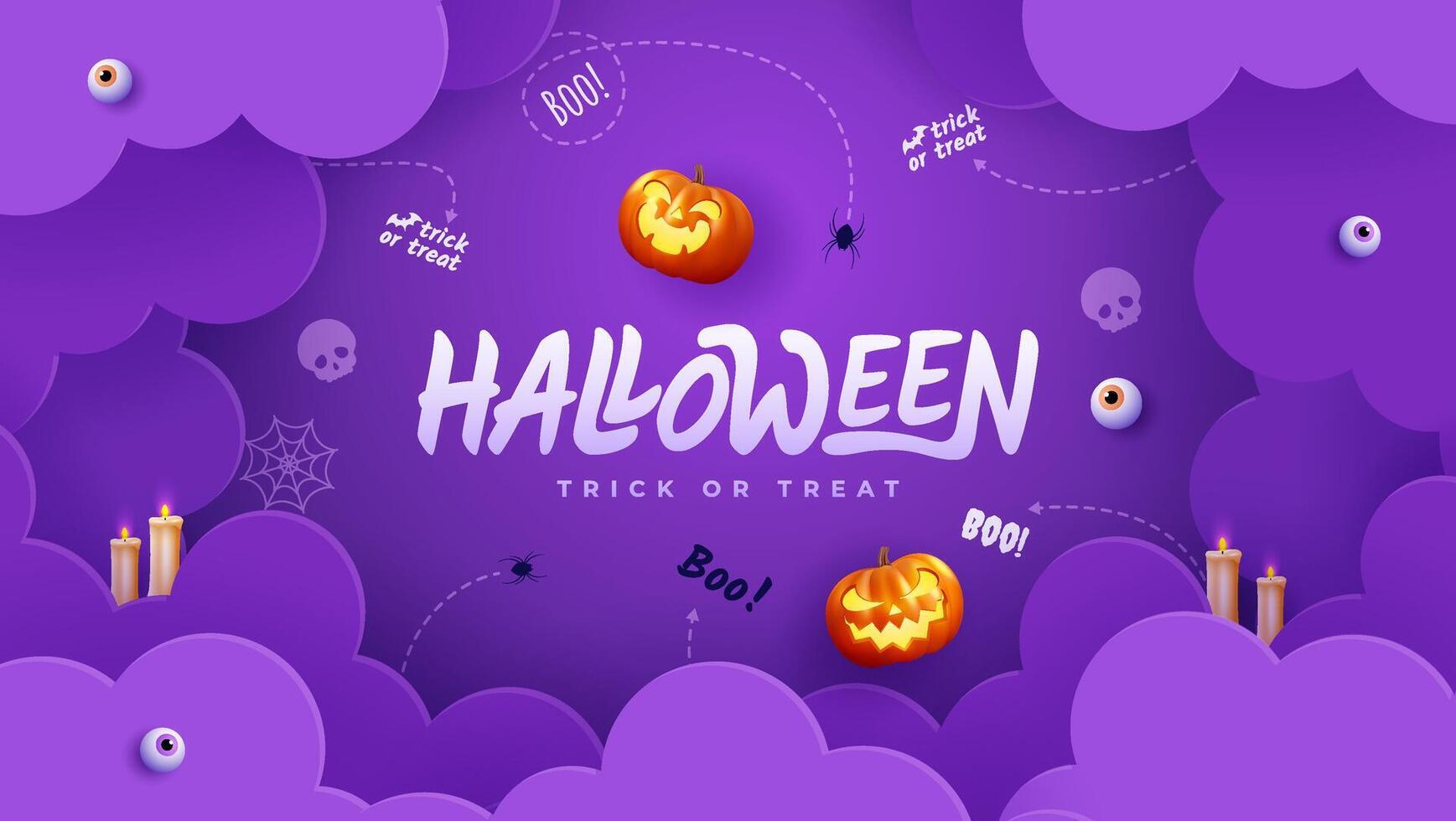 Spooky Halloween with flat holiday icons on purple background. Pumpkin with a scary expression and other scary elements. vector