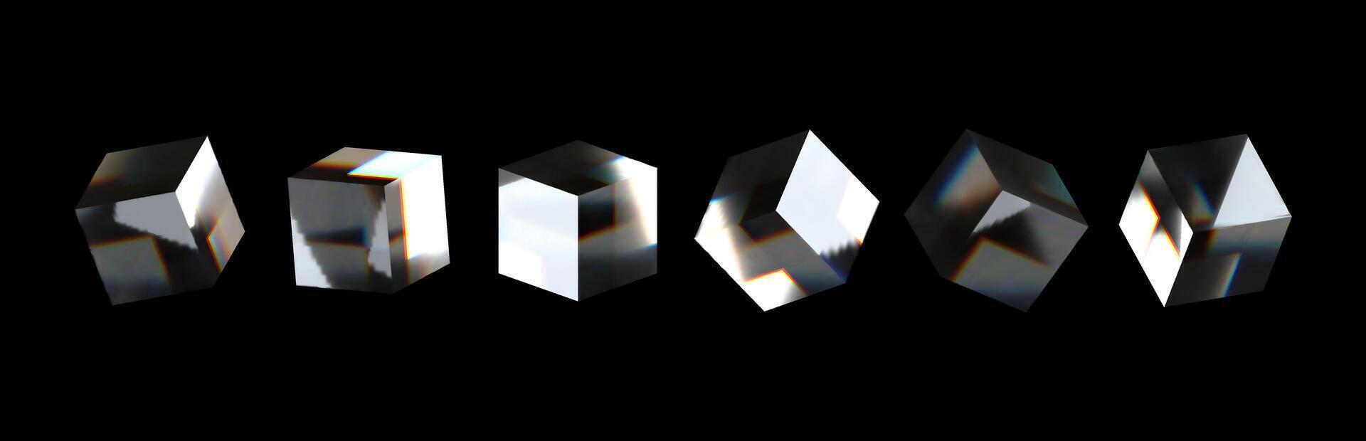 3D crystal glass cubes with refractive and holographic effects, isolated on a dark background. Rendered glass rotating boxes with light dispersion overlay and a rainbow gradient. vector