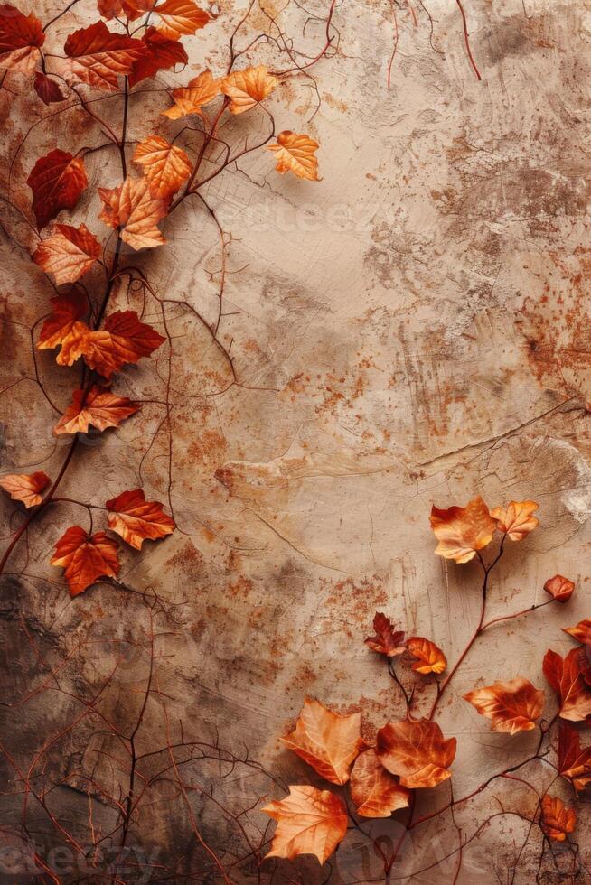 Autumn leaves climbing on a textured background in a warm setting, copy space photo