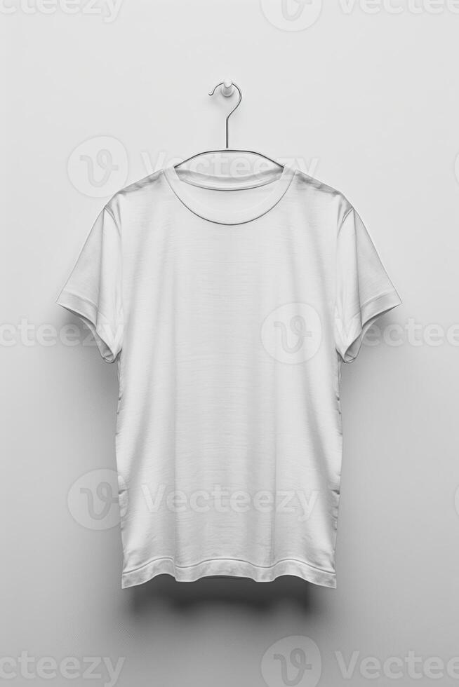 Plain mockup white tshirt on a hanger against a light background photo