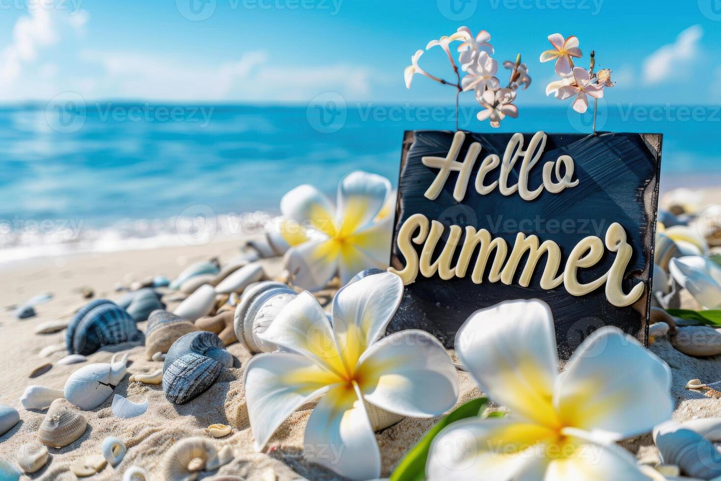 Hello summer sign on sandy beach with shells and flowers under blue sky photo