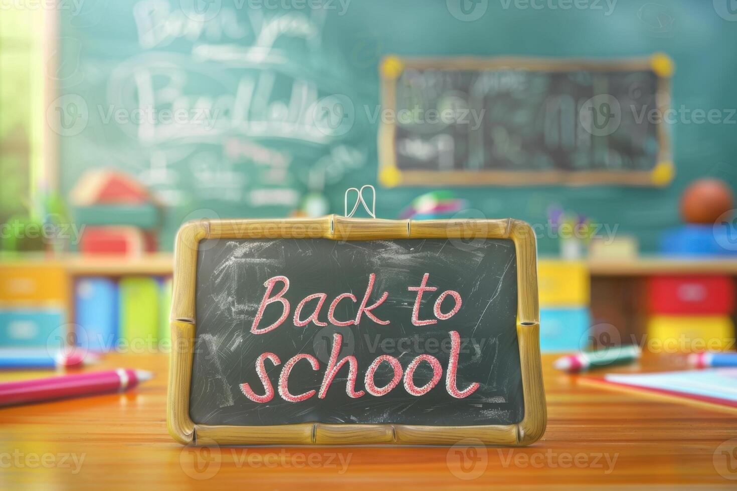 Back to school chalkboard in a colorful classroom with school supplies nearby photo