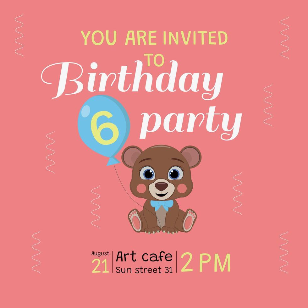 6 year old birthday invitation with teddy bear vector