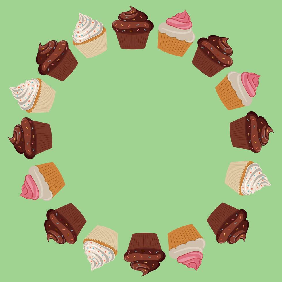 Frame of cupcakes on green background. vector