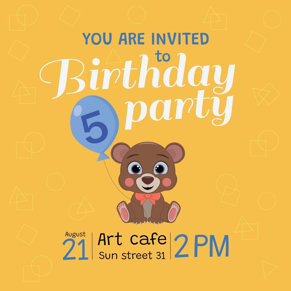 5 year old birthday invitation with teddy bear vector