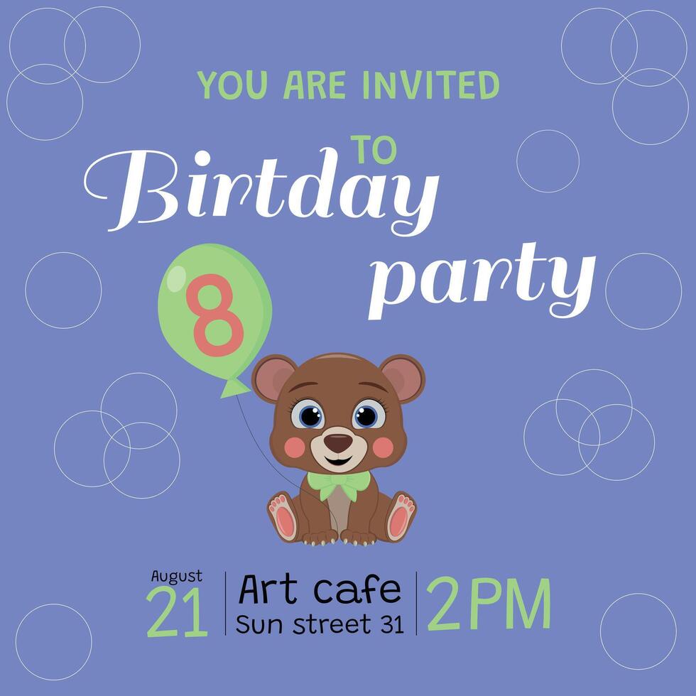8 year old birthday invitation with teddy bear vector