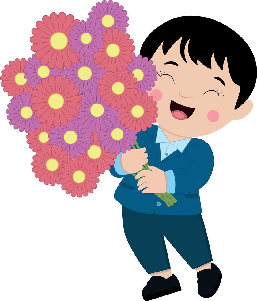 Cute cartoon boy with a book of flowers on a transparent background vector