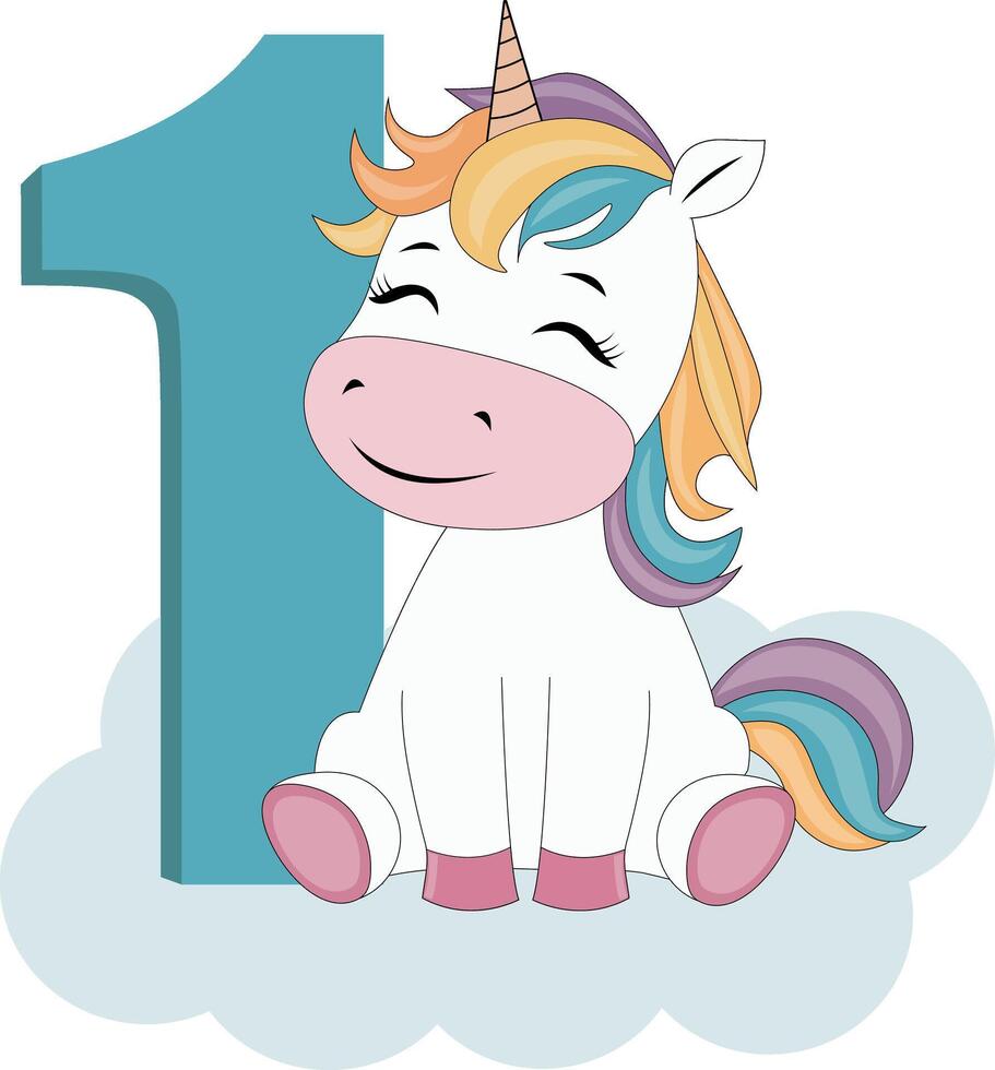 1 year birthday with cute cartoon unicorn vector