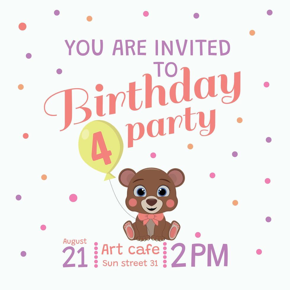 4 year old birthday invitation with bear vector