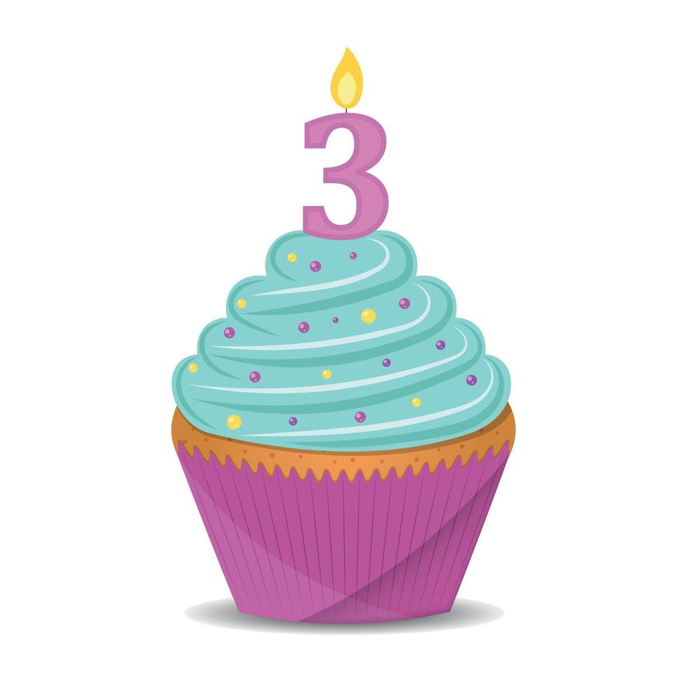 Birthday cupcake with number 3 candle. vector