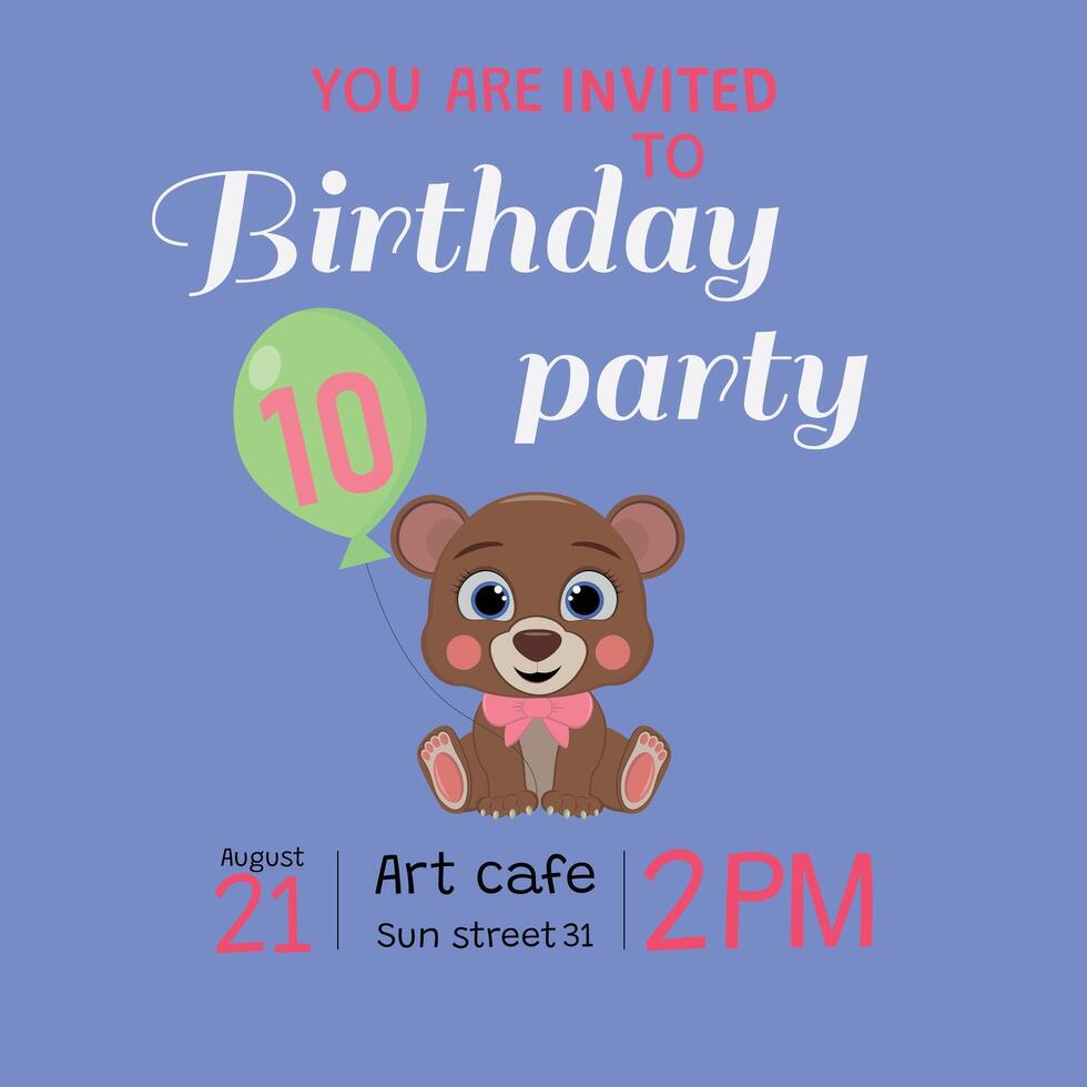 10 year old birthday invitation with teddy bear vector