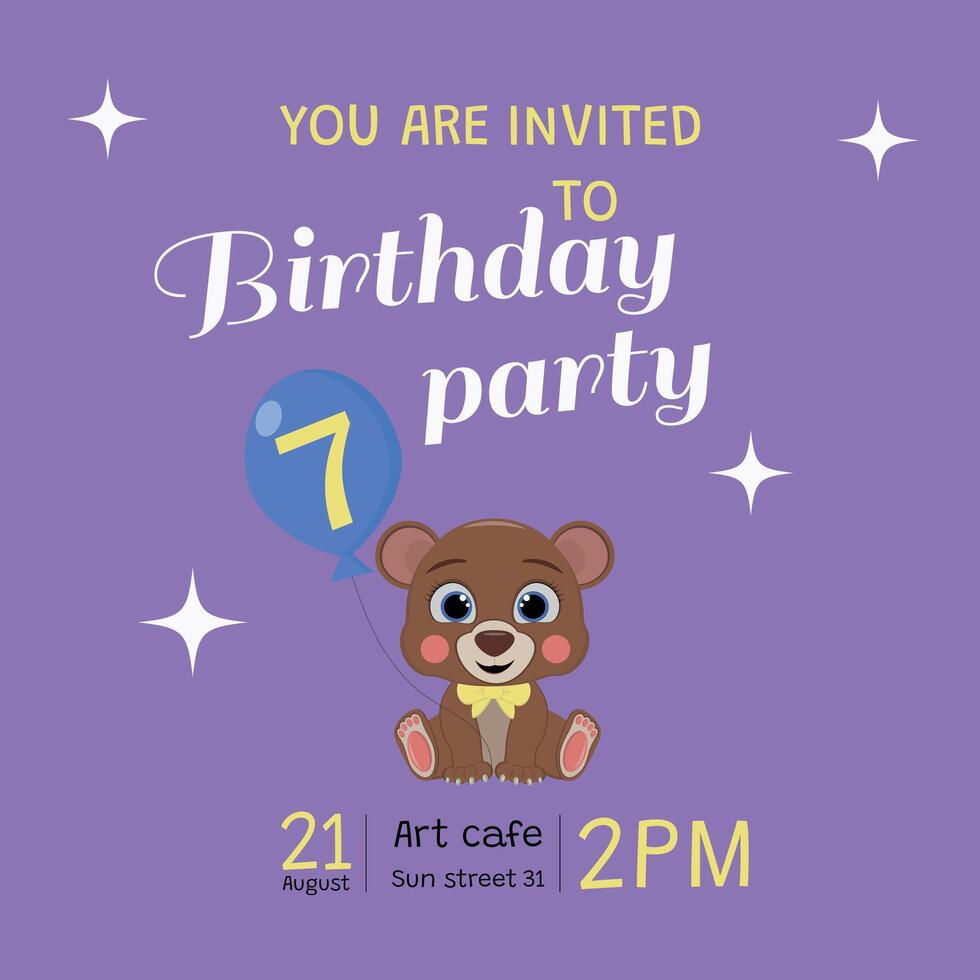 7 year old invitation birthday with teddy bear vector