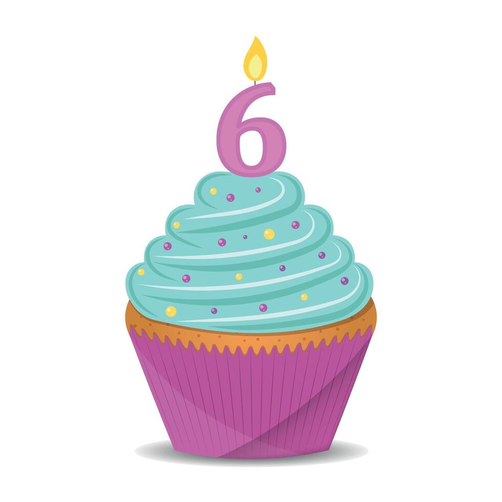Birthday cupcake with number 6 candle. vector