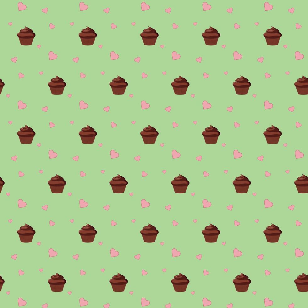 Pattern of chocolate cupcakes with hearts. vector