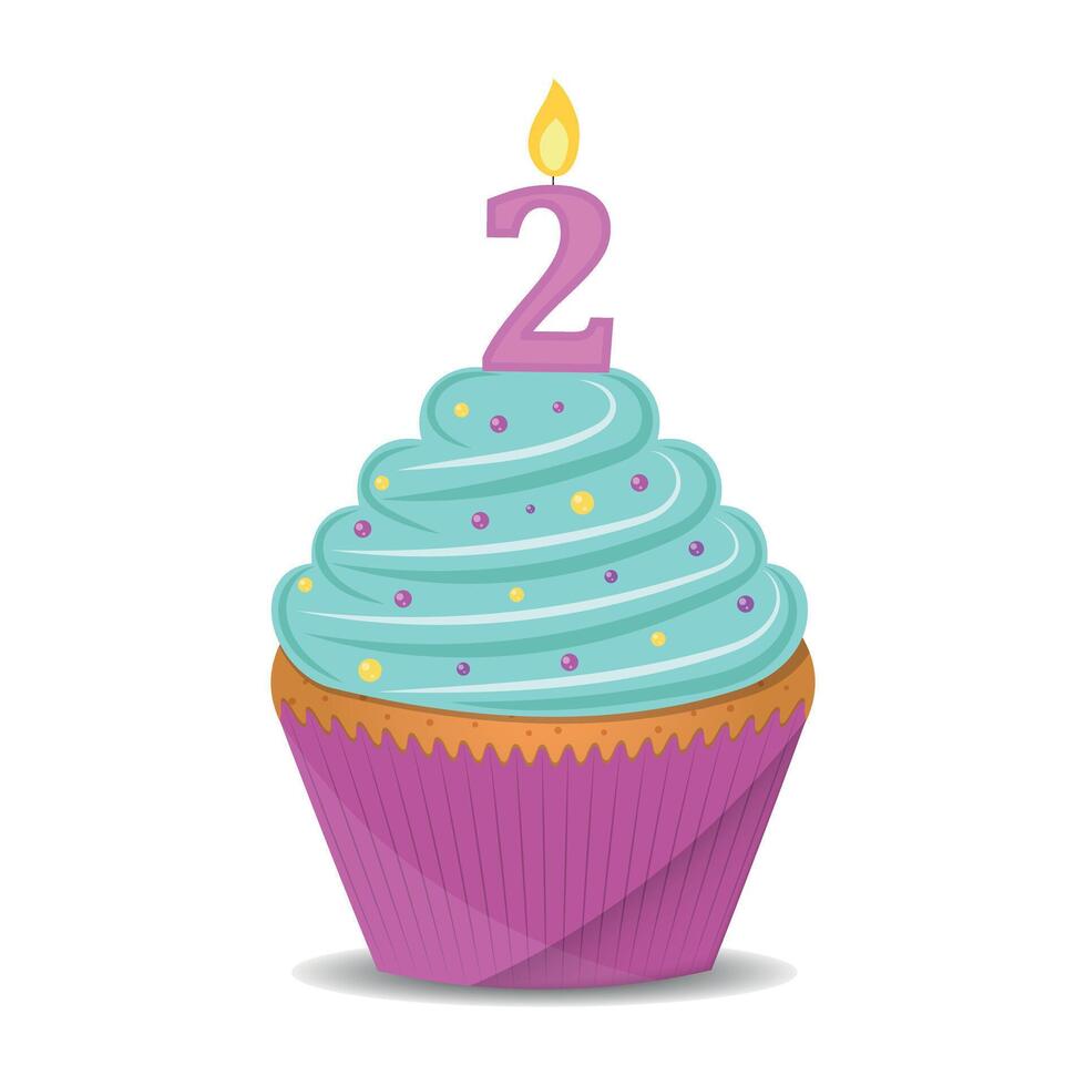 Birthday cupcake with number 2 candle. vector