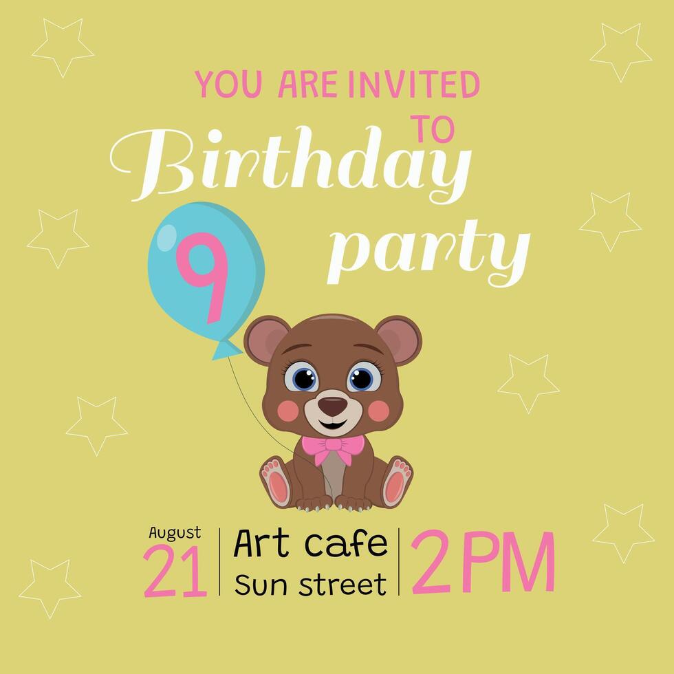 9 year old birthday invitation with teddy bear vector