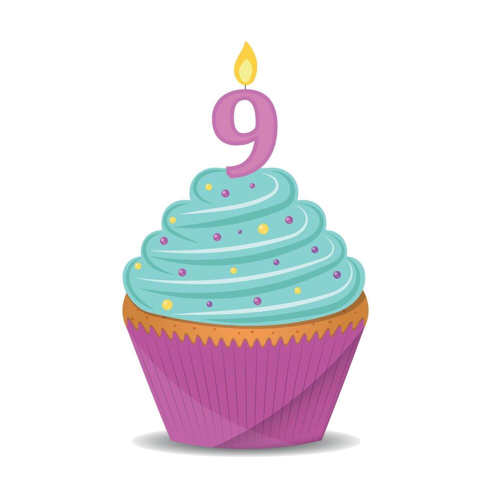 Birthday cupcake with number 9 candle. vector