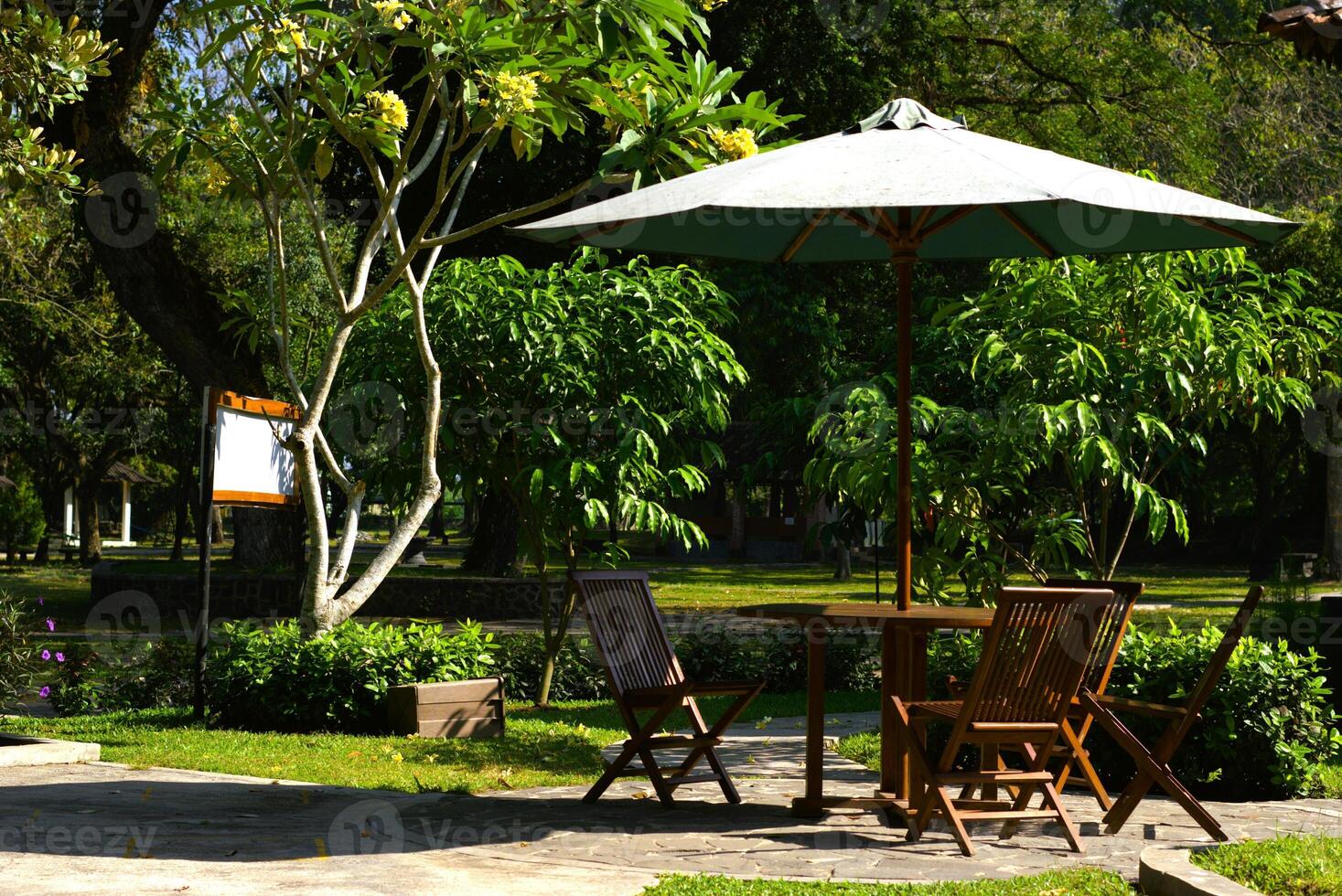table and chairs with umbrella in the garden photo