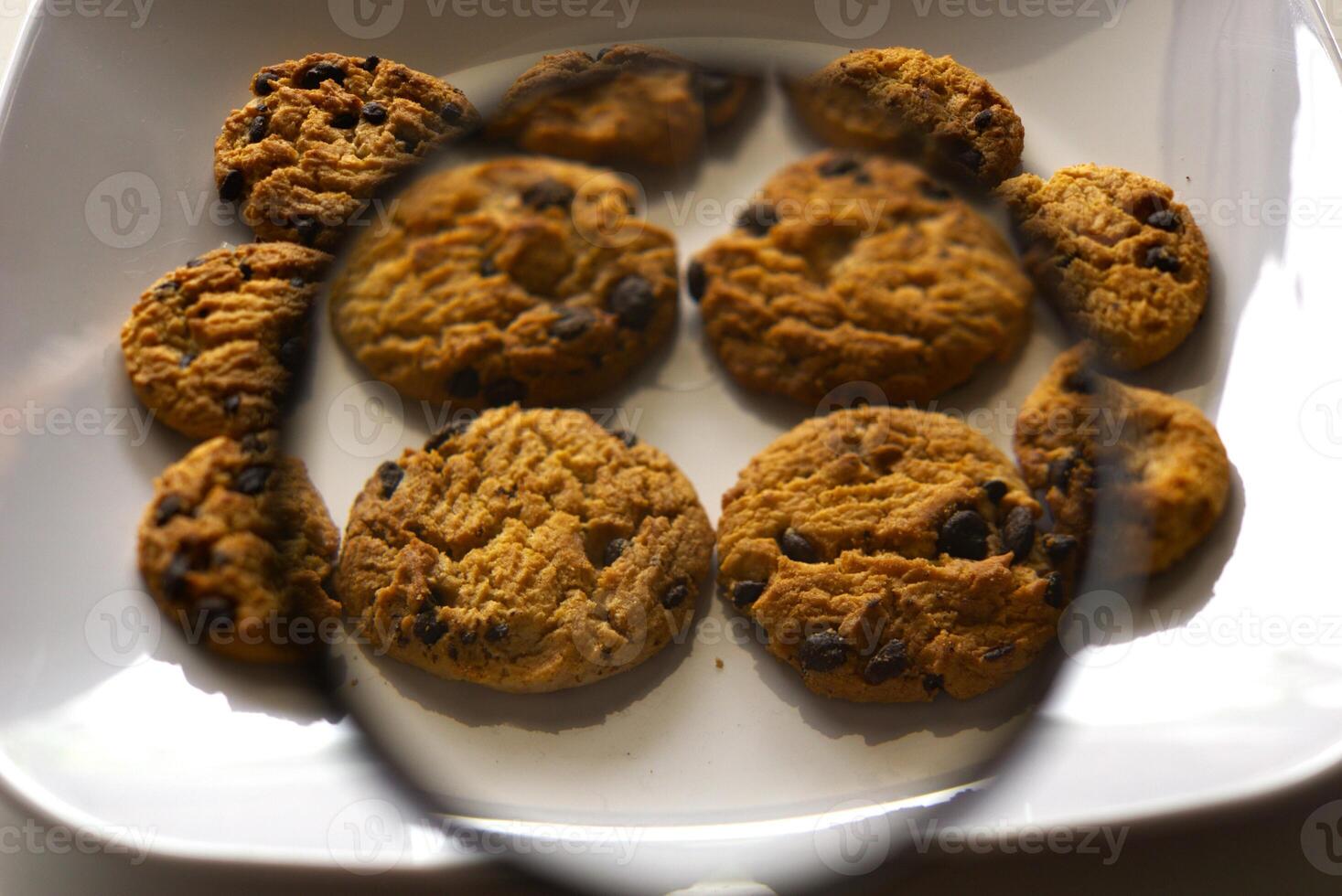 A group of choco chip cookies on a plate with magnifying glass photo