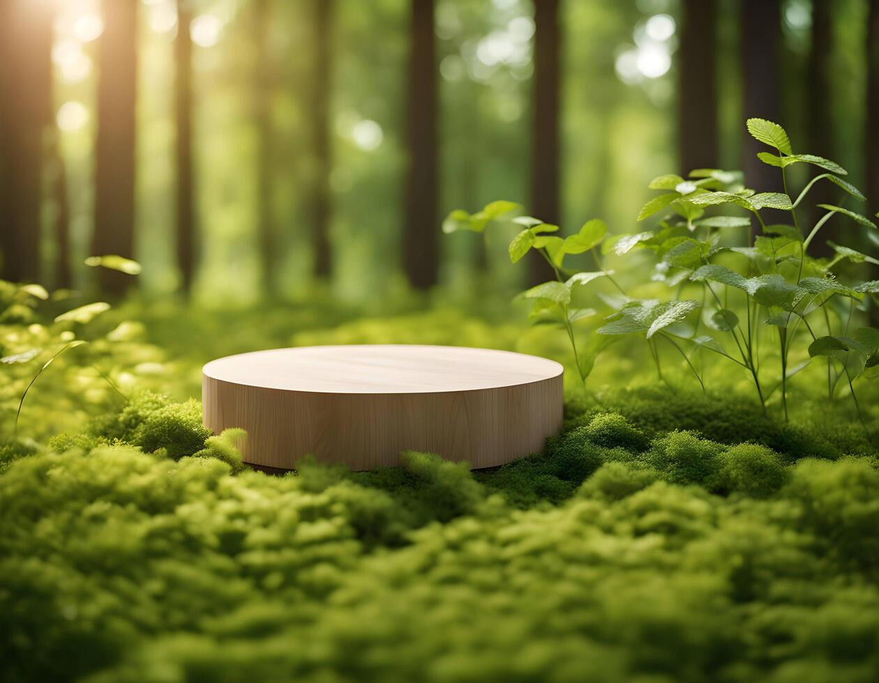 Cylindrical wooden podium on grass, blurred forest trees in background. product present, natural placement pedestal display photo