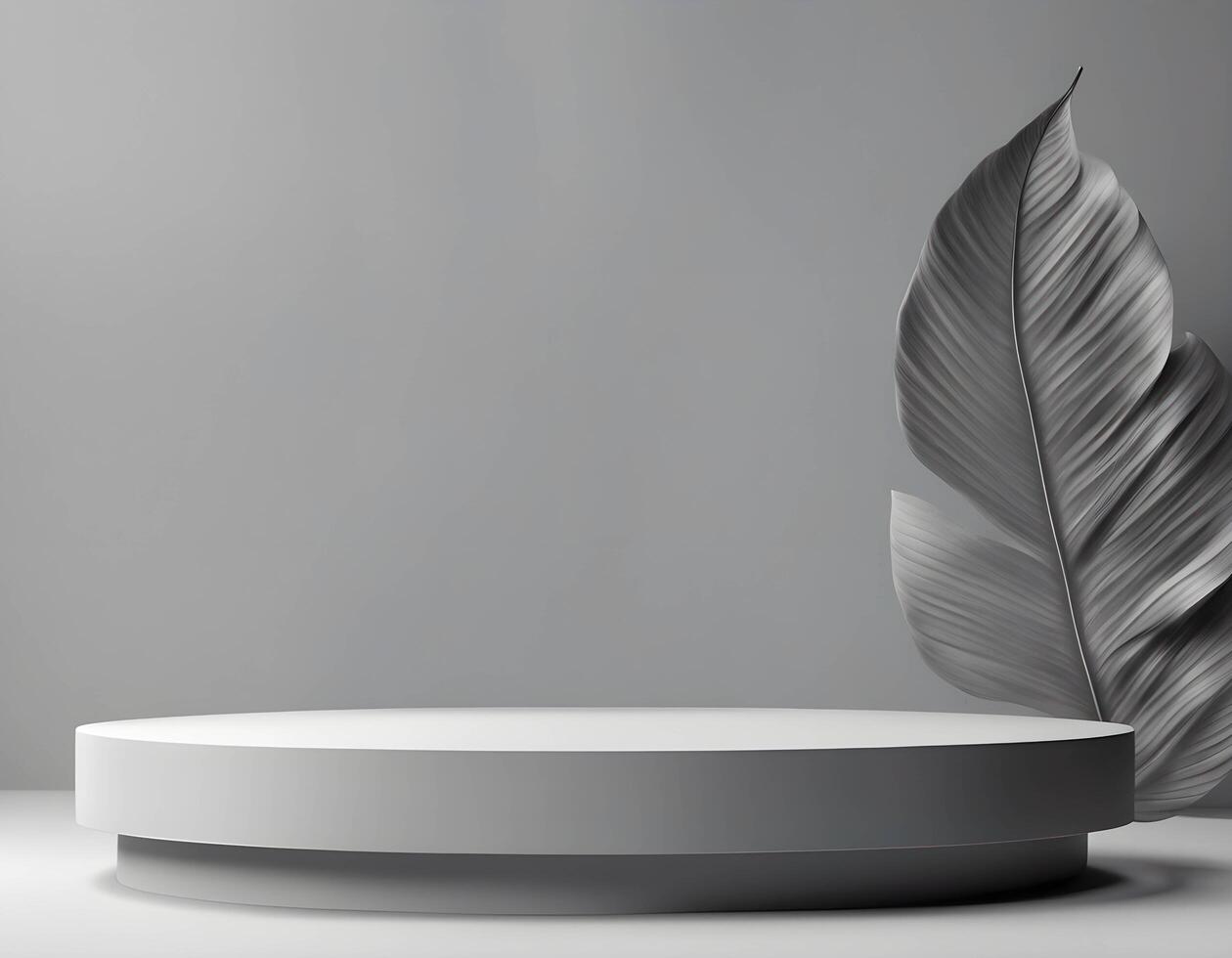 Gray pedestal podium with leaf background, 3D empty display scene presentation for product placement photo
