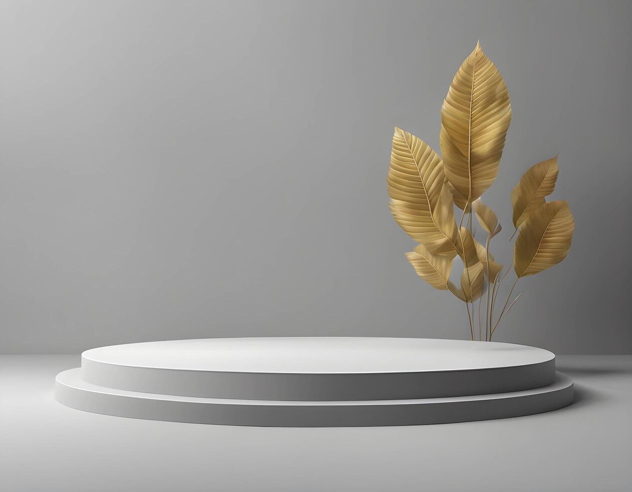 3d gray stage background, scene mockup products display on a small podium platform with a golden leaf photo