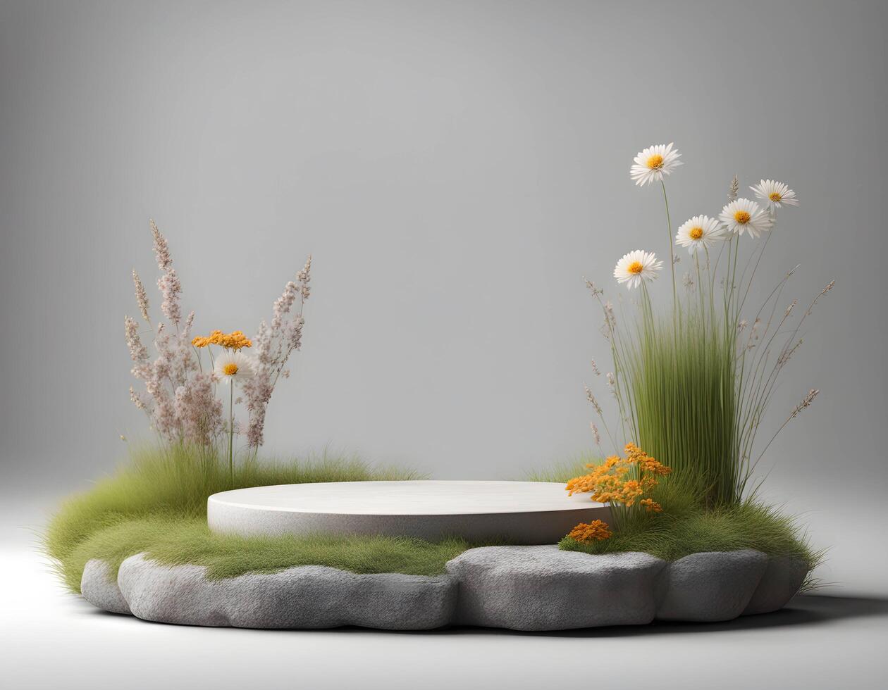 White stone platform podium with grass and chamomile flowers for products presentation photo