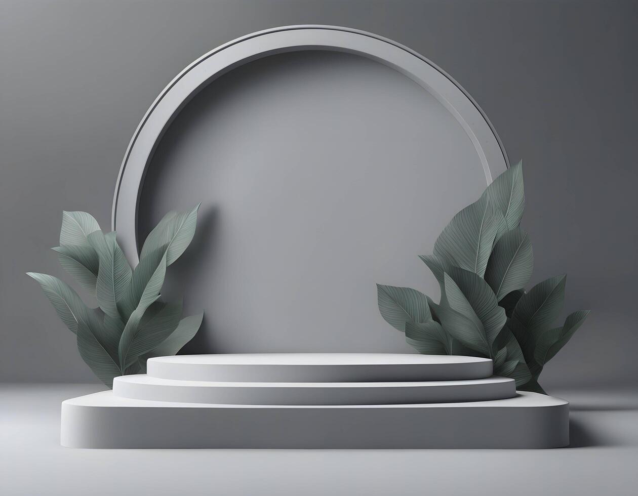 3d gray stage background, scene mockup products display on a small podium platform with a green leaf, with a surrounding circle at the back photo